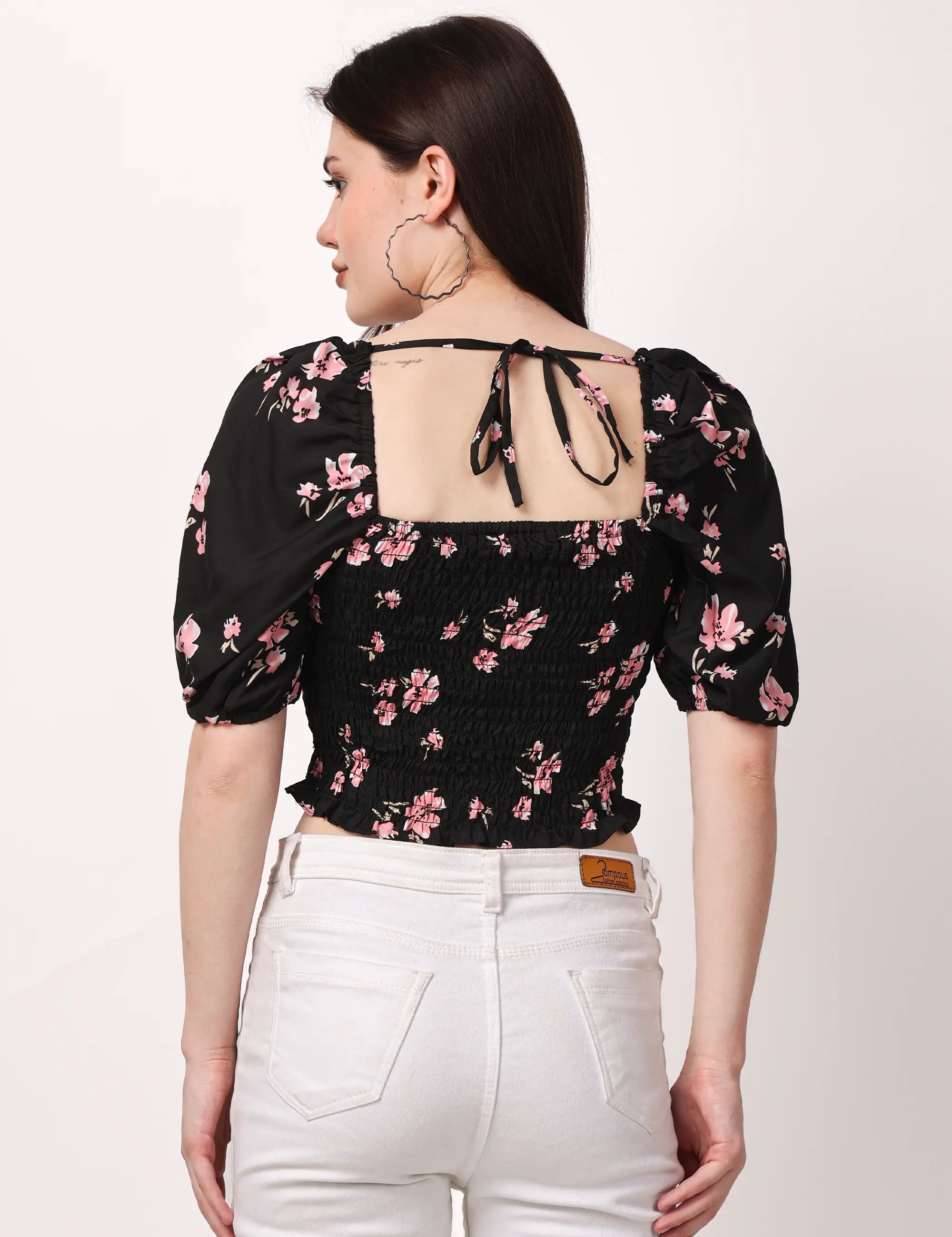 Floral Print Puff-Sleeves Sweetheart Neck Crop Top