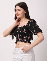 Floral Print Puff-Sleeves Sweetheart Neck Crop Top