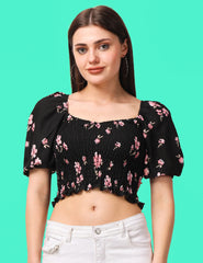 Floral Print Puff-Sleeves Sweetheart Neck Crop Top